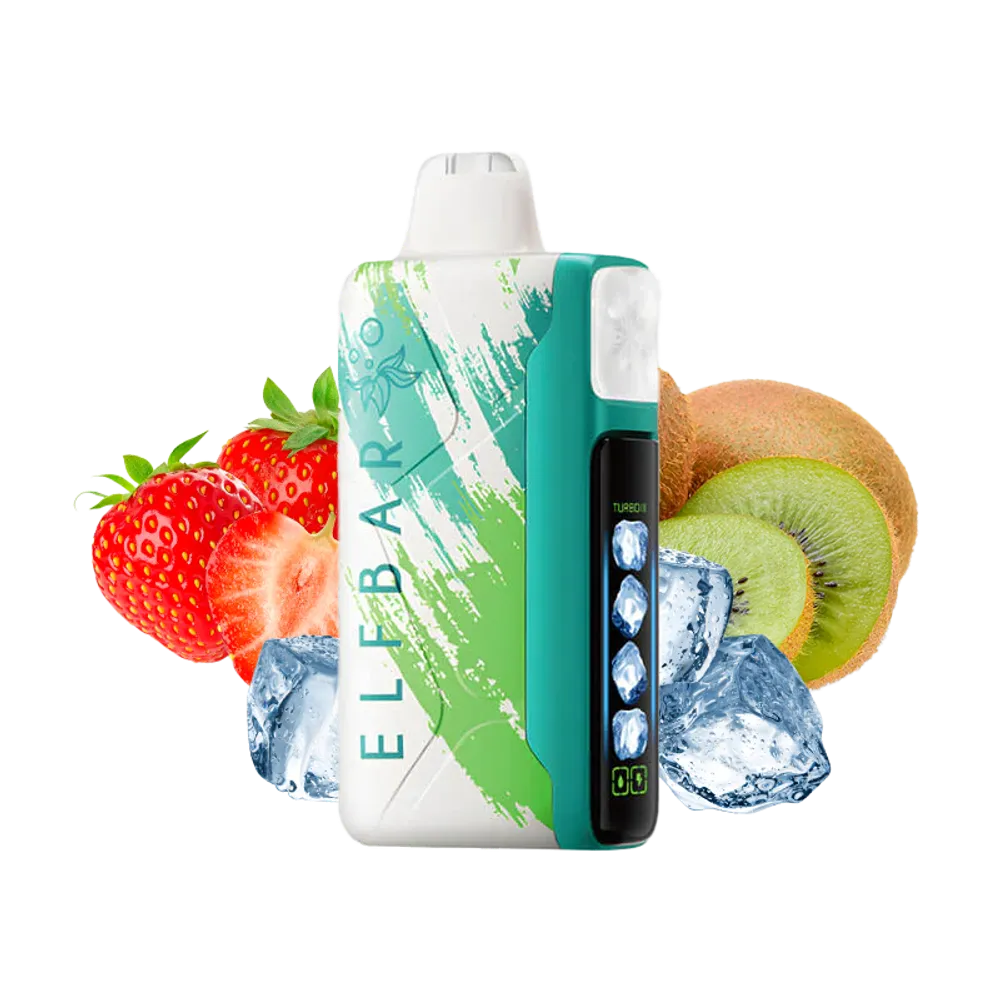 Elfbar iceking vape device with strawberry, kiwi and ice elements on a white background