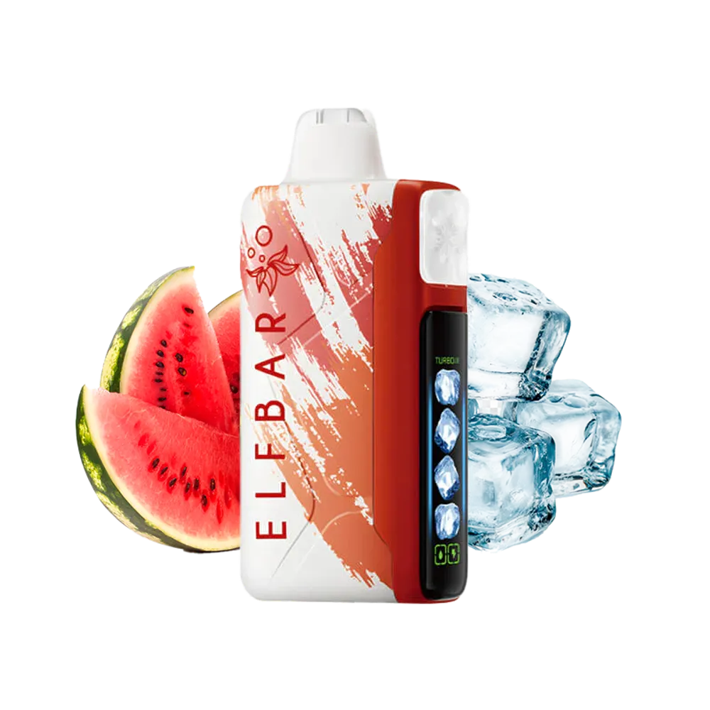 ELFBAR Ice King vape device with watermelon and ice cubes on a white background