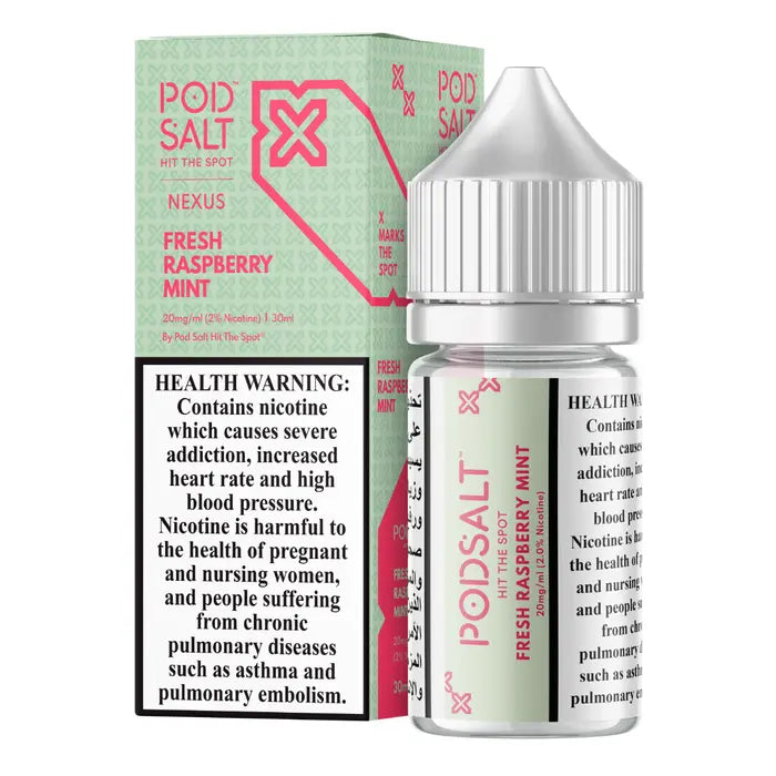 Pod Salt Nexus Fresh Raspberry Mint e-liquid bottle and packaging on a white background