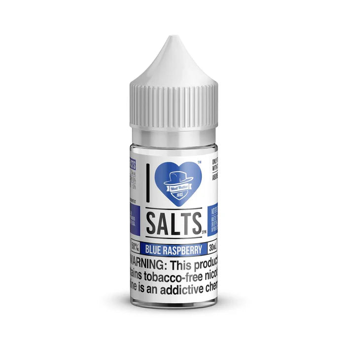 Bottle of I Love Salts, Blue Raspberry flavored nicotine salt on a white background