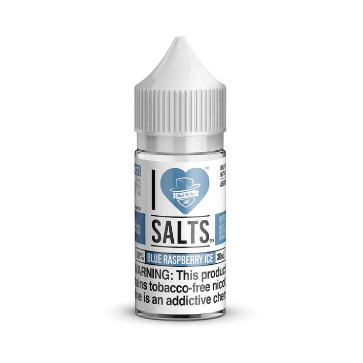 Bottle of I Love Salts, Blue Raspberry Ice flavored nicotine salt on a white background