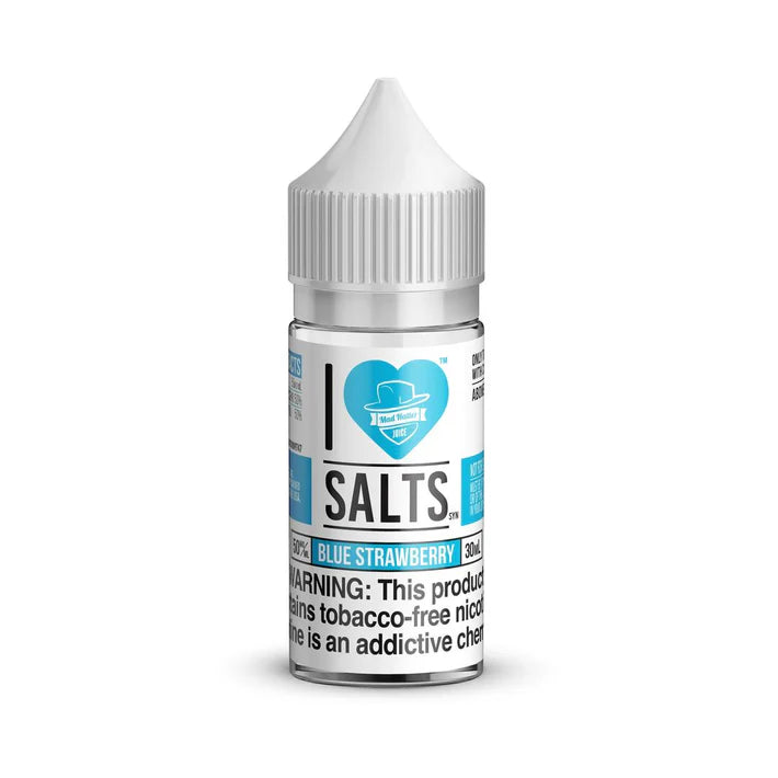 Bottle of I Love Salts, Blue Strawberry flavored nicotine salt on a white background
