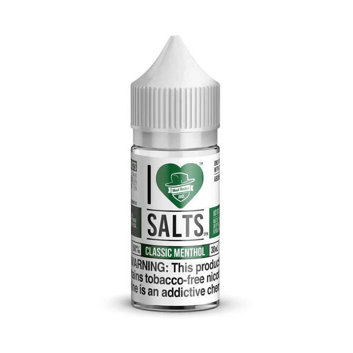 Bottle of I Love Salts, Classic Menthol flavored nicotine salt on a white background