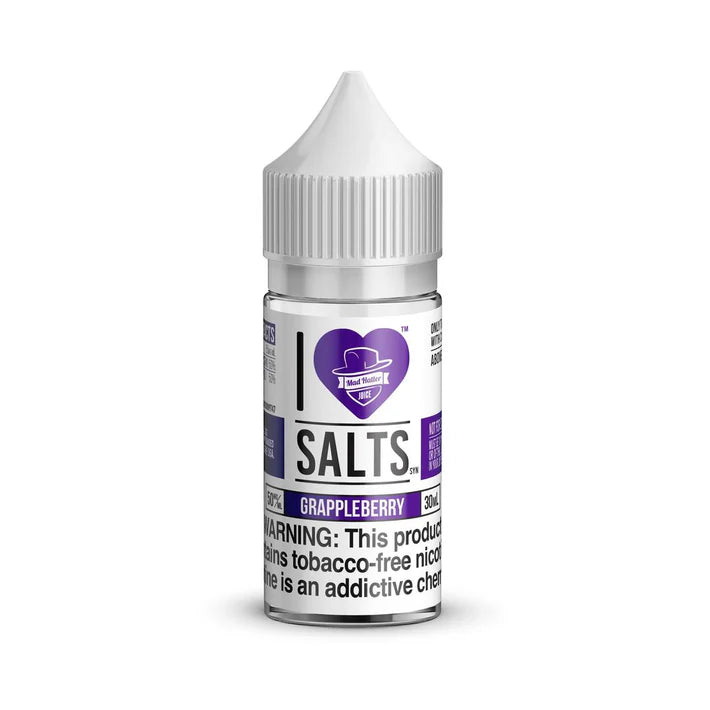 Bottle of I Love Salts, Grappleberry flavored nicotine salt on a white background