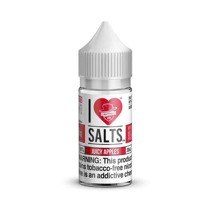 Bottle of I Love Salts, Juicy Apples flavored nicotine salt on a white background