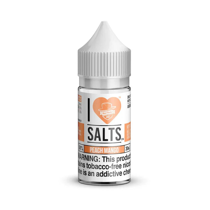 Bottle of I Love Salts, Peach Mango flavored nicotine salt on a white background