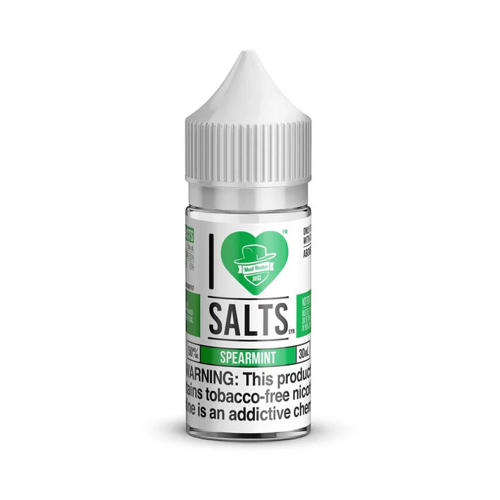 Bottle of I Love Salts, Spearmint flavored nicotine salt on a white background