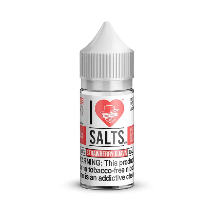 Bottle of I Love Salts, Strawberry Guava flavored nicotine salt on a white background