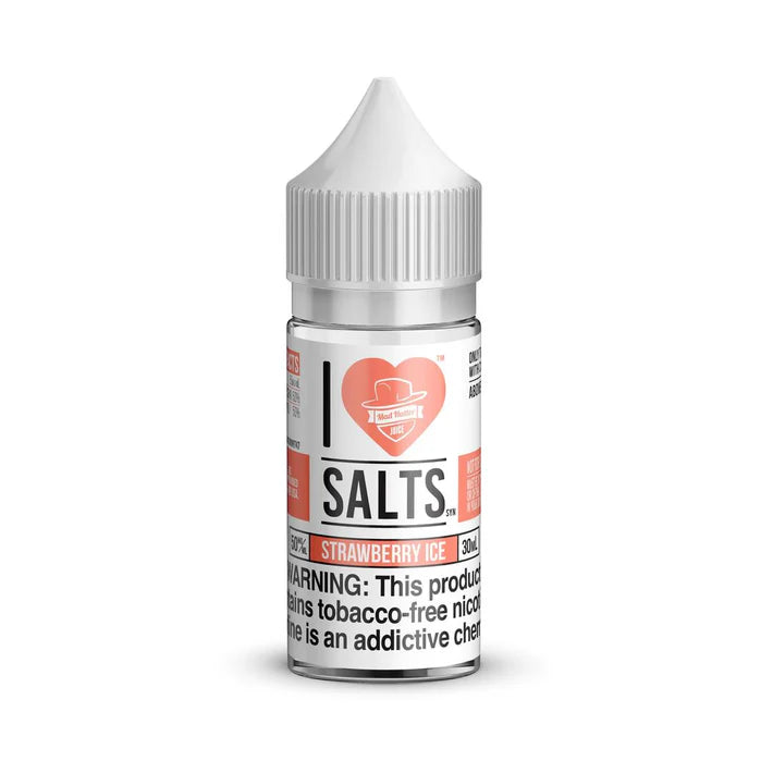 Bottle of I Love Salts, Strawberry Ice flavored nicotine salt on a white background