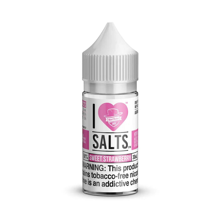 Bottle of I Love Salts, Sweet Strawberry flavored nicotine salt on a white background