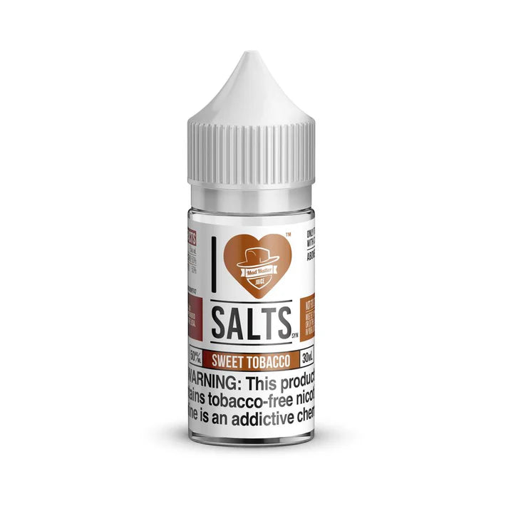 Bottle of I Love Salts, Sweet Tobacco flavored nicotine salt on a white background