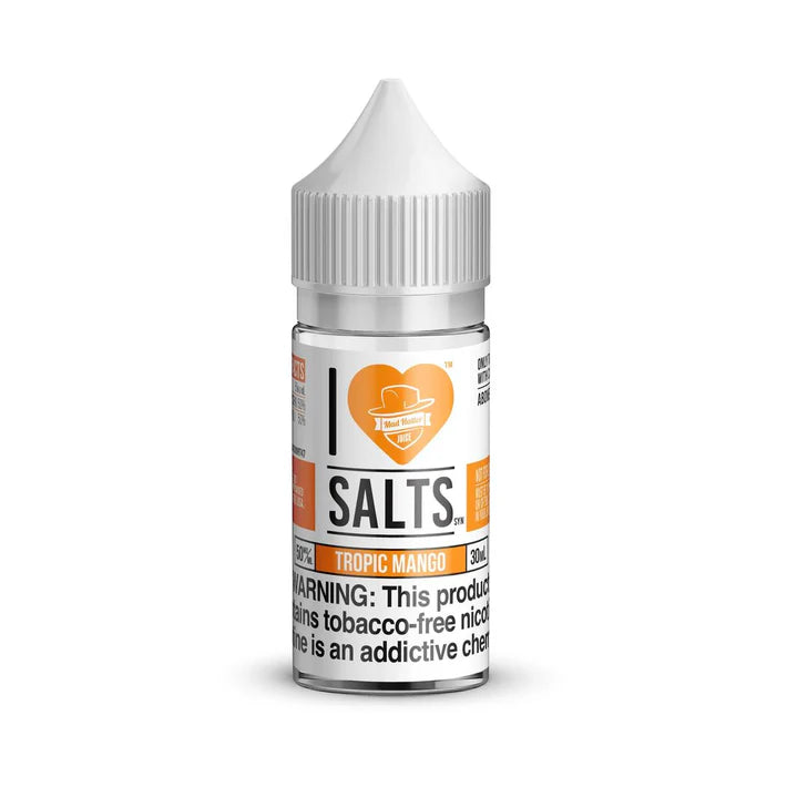Bottle of I Love Salts, Tropic Mango flavored nicotine salt on a white background
