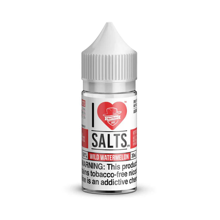 Bottle of I Love Salts, Wild Watermelon flavored nicotine salt on a white background