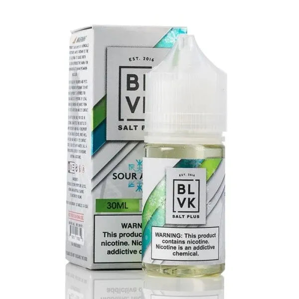 A 30ml bottle of BLVK Salt Plus sour apple e-liquid next to its retail packaging box, on a white background.