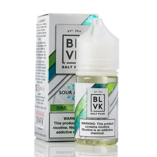 A 30ml bottle of BLVK Salt Plus sour apple e-liquid next to its retail packaging box, on a white background.