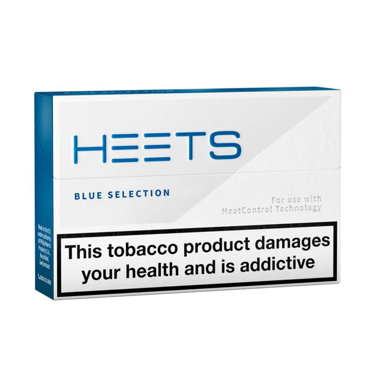 HEETS Blue Selection packaging with health warning label on a white background