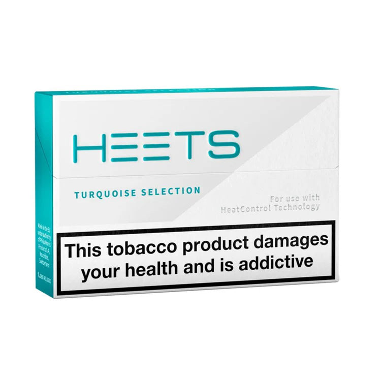 HEETS turquoise selection packaging with warning label on a white background