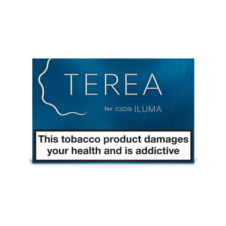Terea Blue for IQOS ILUMA packaging with health warning text on a white background