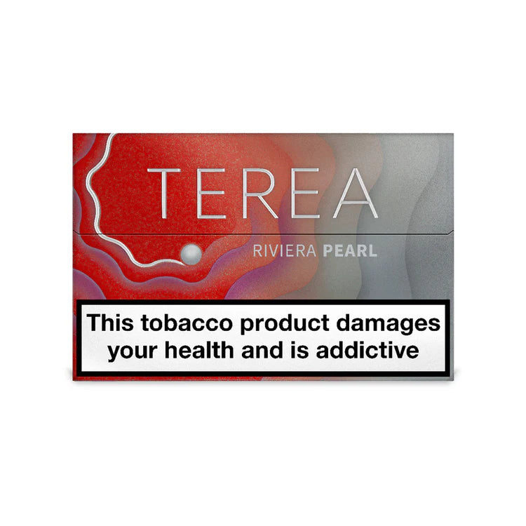 IQOS Terea Riviera Pearl tobacco product packaging with health warning label.
