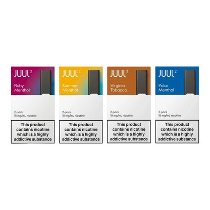 Four JUUL vape device packaging with different flavors on a white background.