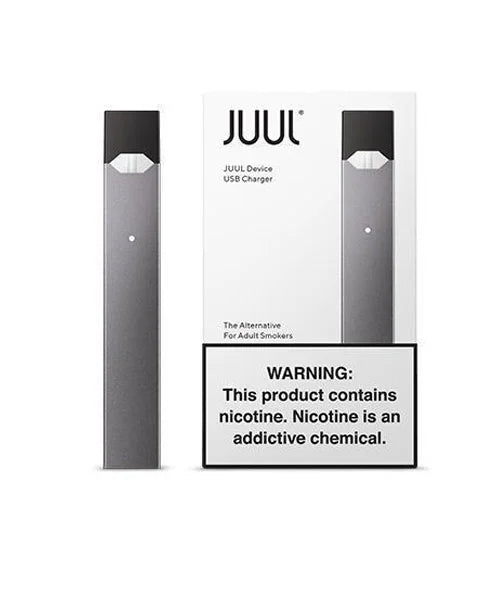 Juul vaping device packaging with warning label on a white background