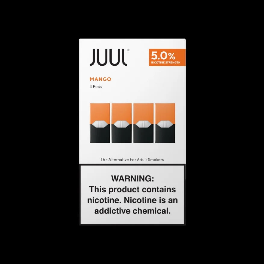Juul Mango vape pods packaging with nicotine warning label on a white background