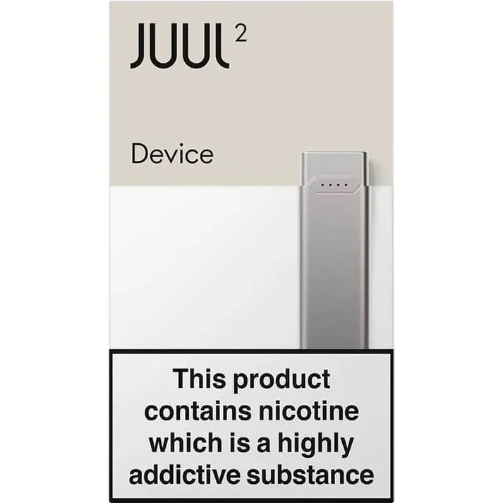 Juul 2 device packaging with nicotine warning label on a white background