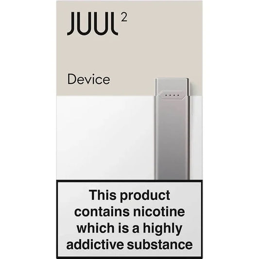 Juul 2 device packaging with nicotine warning label on a white background