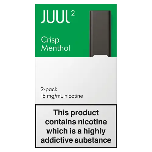 Juul2 Crisp Menthol pods packaging with green and white design.