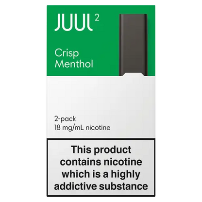Juul2 Crisp Menthol pods packaging with green and white design.