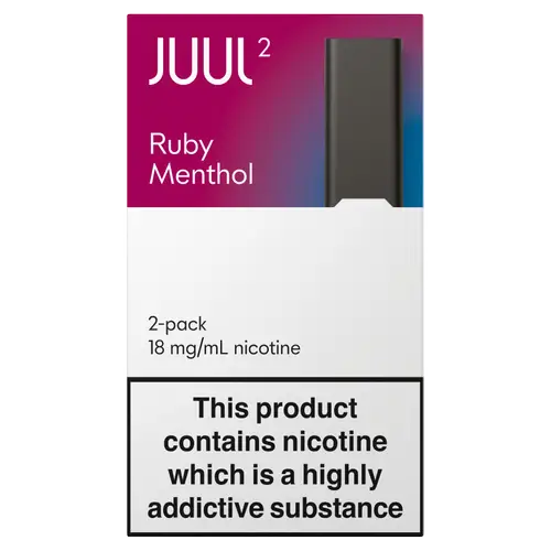 Juul2 Ruby Menthol pods packaging with nicotine warning label.