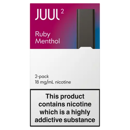 Juul2 Ruby Menthol pods packaging with nicotine warning label.