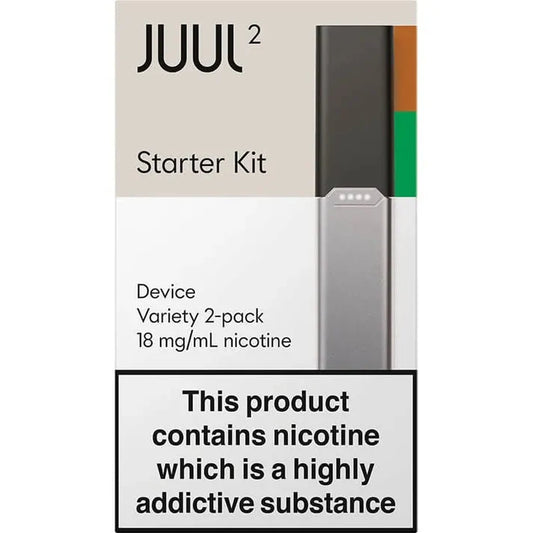 Juul 2 starter kit packaging with nicotine warning on a white background