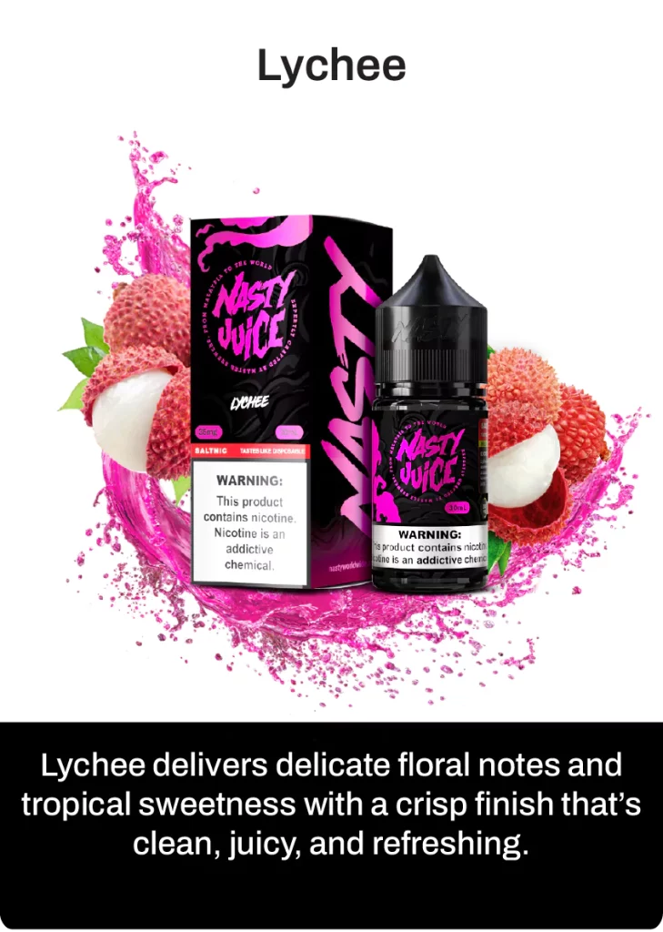 Nasty juice smooth lychee vape flavour, with flavour description on below