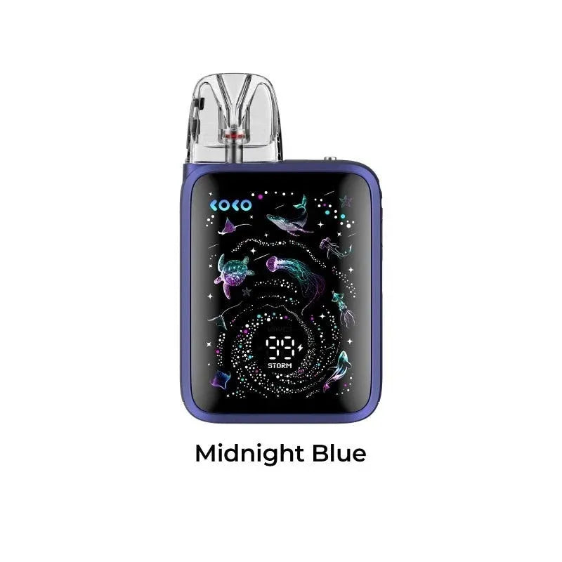A Caliburn g5 koko vape device in Midnight Blue, featuring a square body with rounded corners, a translucent mouthpiece, and a black screen displaying colorful jellyfish graphics and a digital battery percentage. The text 'Midnight Blue' is printed below the device on a solid white background.
