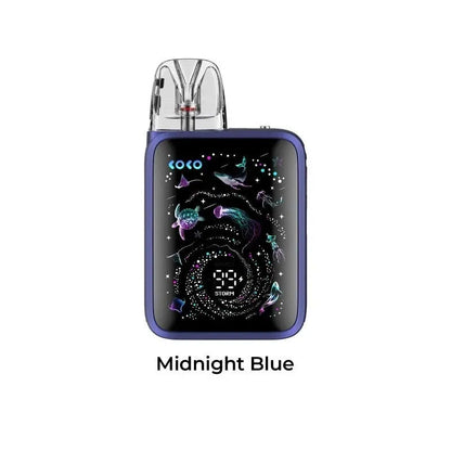 A Caliburn g5 koko vape device in Midnight Blue, featuring a square body with rounded corners, a translucent mouthpiece, and a black screen displaying colorful jellyfish graphics and a digital battery percentage. The text 'Midnight Blue' is printed below the device on a solid white background.