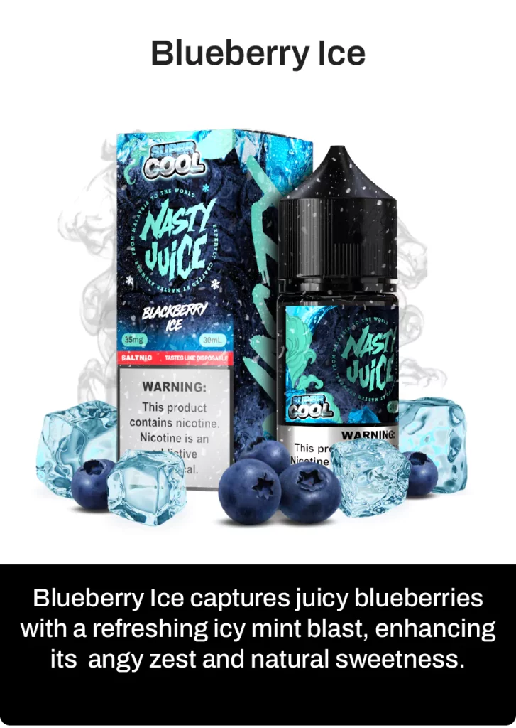 Nasty Juice Super cool Blueberry Ice e-liquid packaging with blueberries and ice cubes on a white background