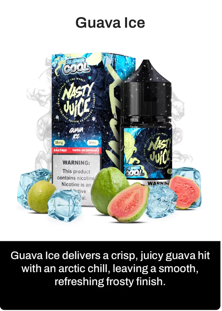 Nasty Juice Super cool Guava Ice e-liquid packaging with guava fruit and ice cubes on a white background.