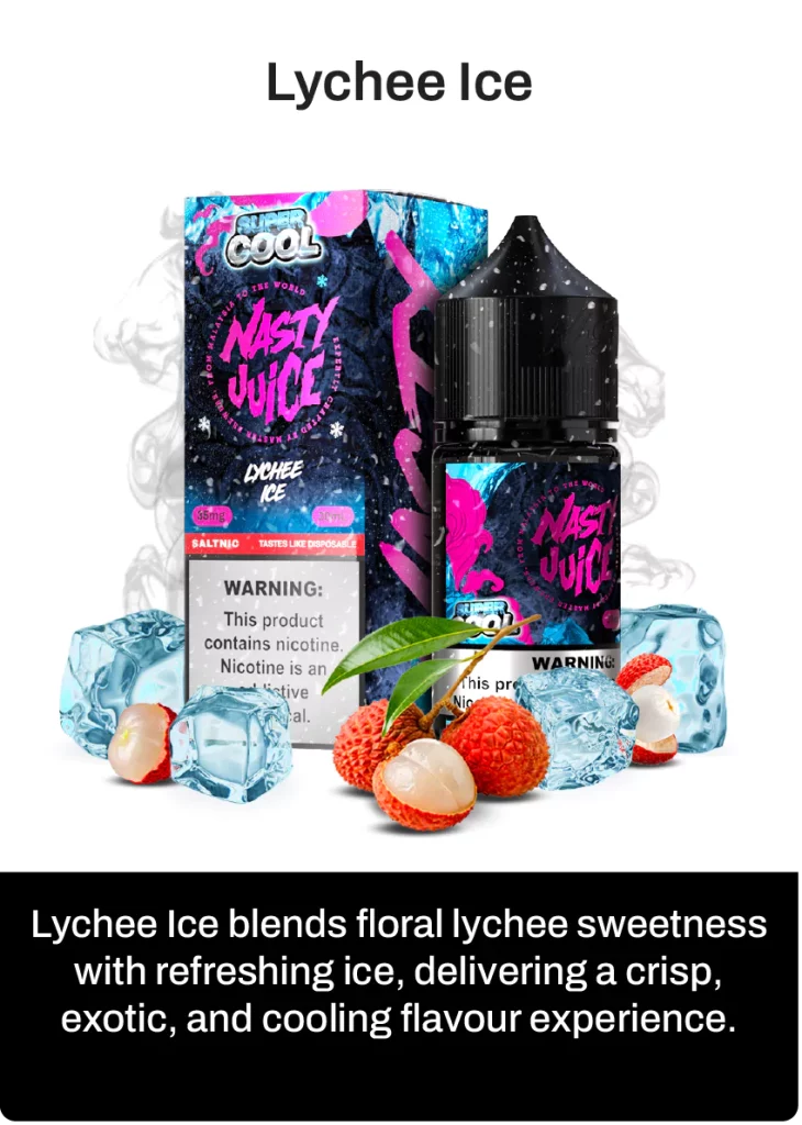 Nasty Juice Super cool Lychee Ice vape juice packaging with ice cubes and lychees on a white background