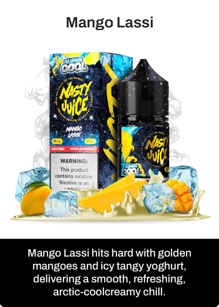 Nasty Juice Super cool Mango Lassi vape juice packaging with mangoes and ice cubes on a white background
