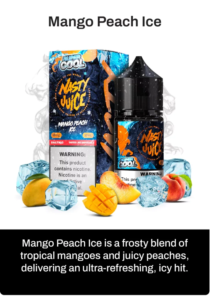 Nasty Juice Super cool Mango Peach Ice e-liquid packaging with mangoes, peaches, and ice cubes on a white background.