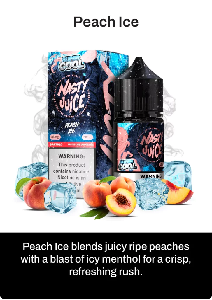 Nasty Juice Super cool Peach Ice vape juice packaging with peaches and ice cubes on a white background