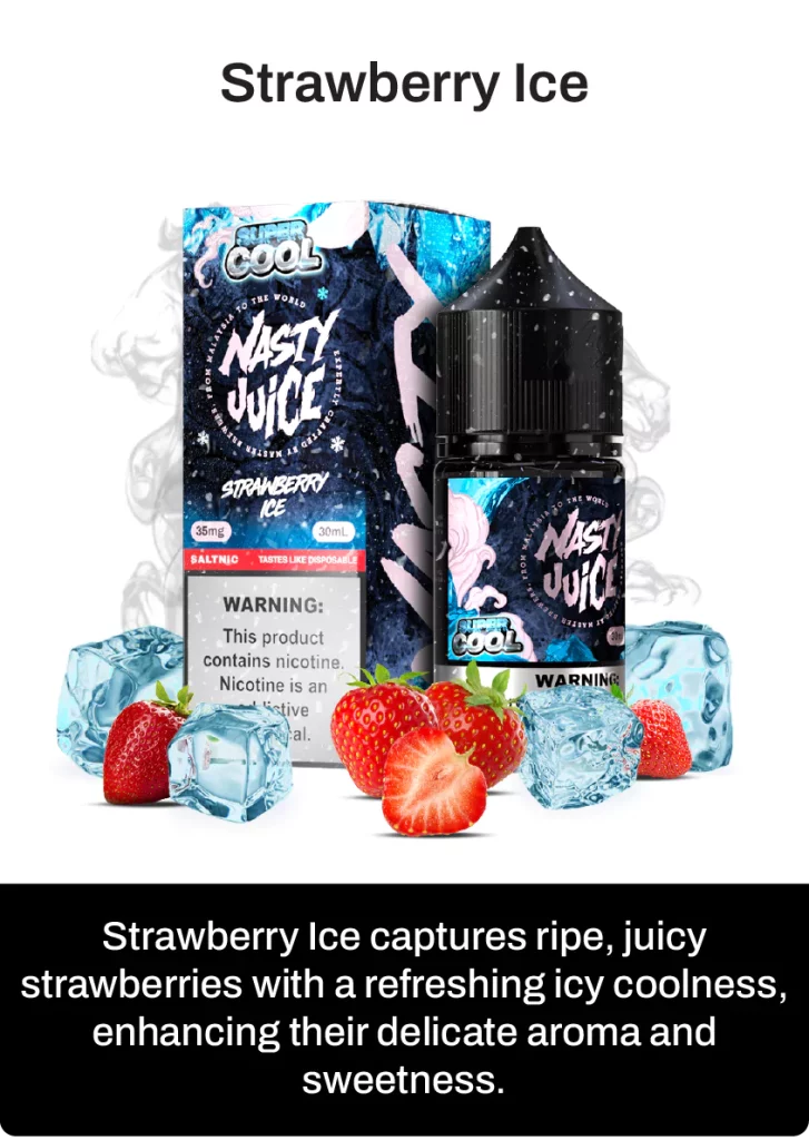 Nasty Juice Super cool Strawberry Ice e-liquid packaging with strawberries and ice cubes on a white background