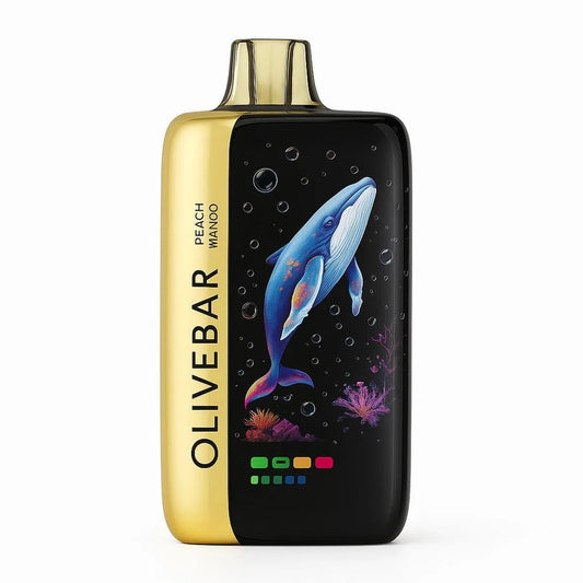 Olivebar ocean vape device with whale design and gold and black color scheme on a white background