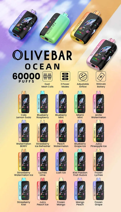 Olivebar Ocean vape device with flavor options on a gradient background