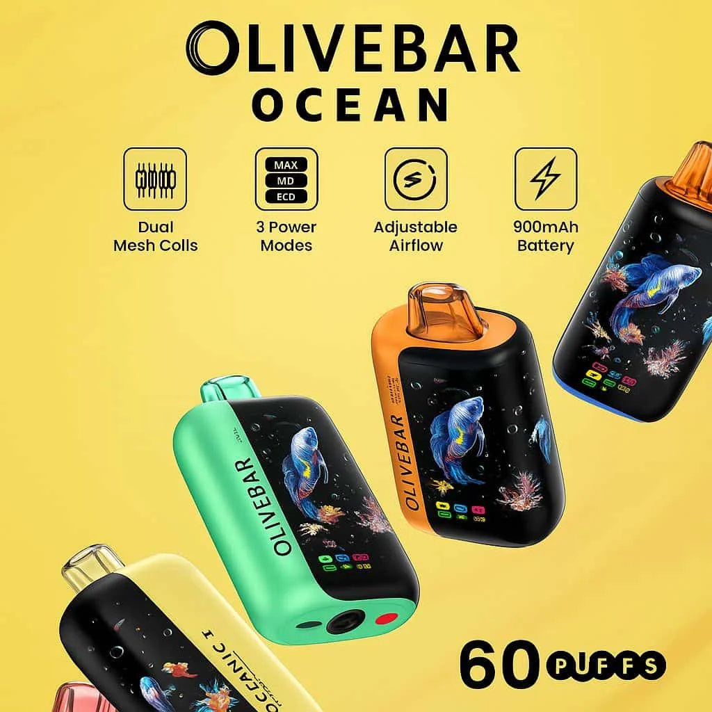 Olivebar Ocean vape device with features on a yellow background