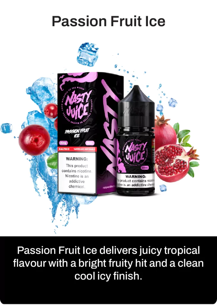 Nasty juice smooth passion fruit ice vape flavour, with flavour description on below