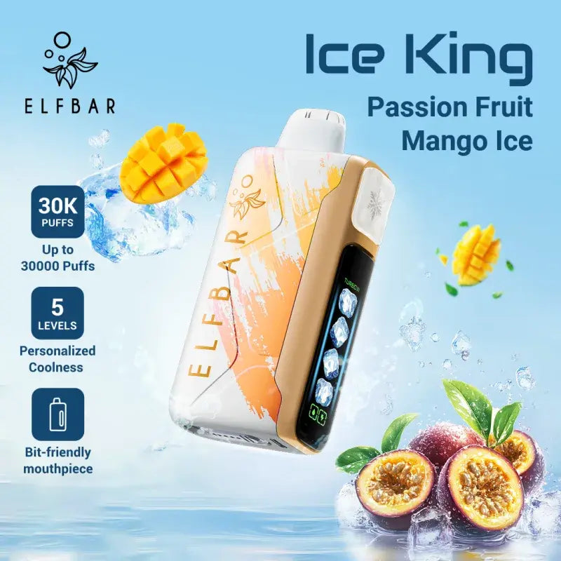 Elfbar Ice King Passion Fruit Mango Ice vape device with fruit graphics on a blue background