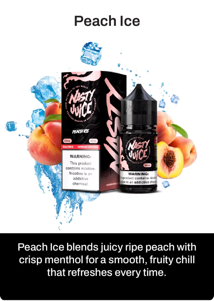 Nasty juice smooth peach ice vape flavour, with flavour description on below