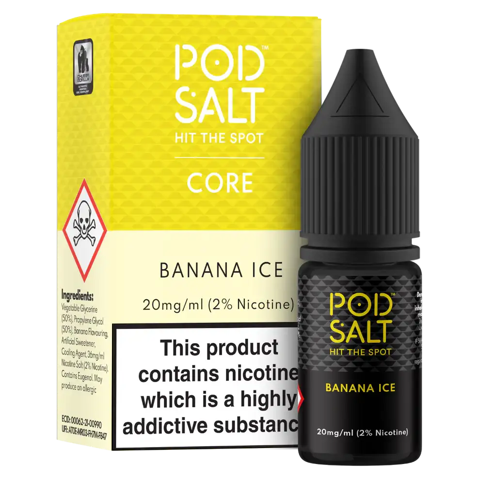 Pod Salt Banana Ice nicotine product with packaging on a white background